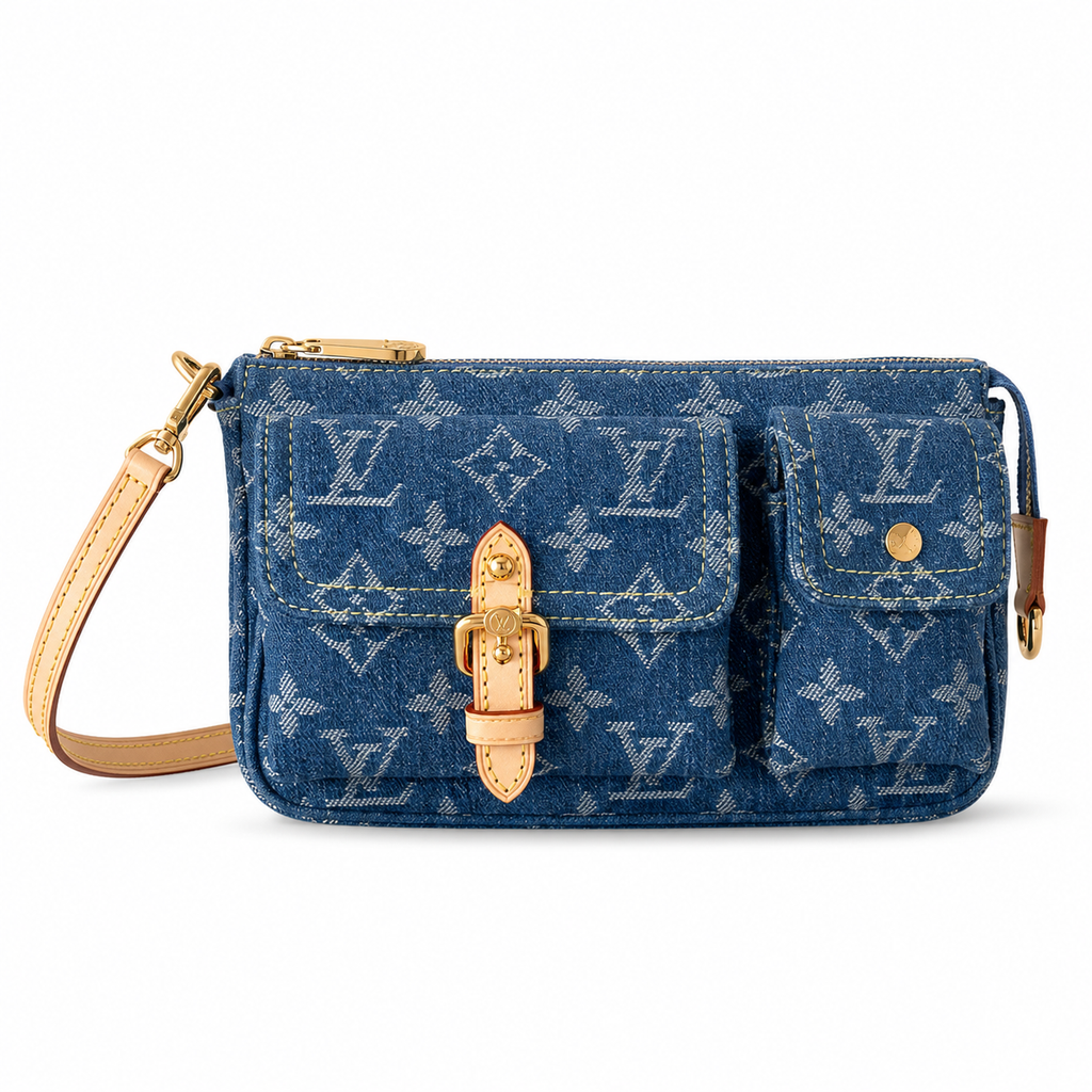 Louis Vuitton Monogram Denim Crossbody Clutch in indigo blue with gold hardware and vachetta leather strap
