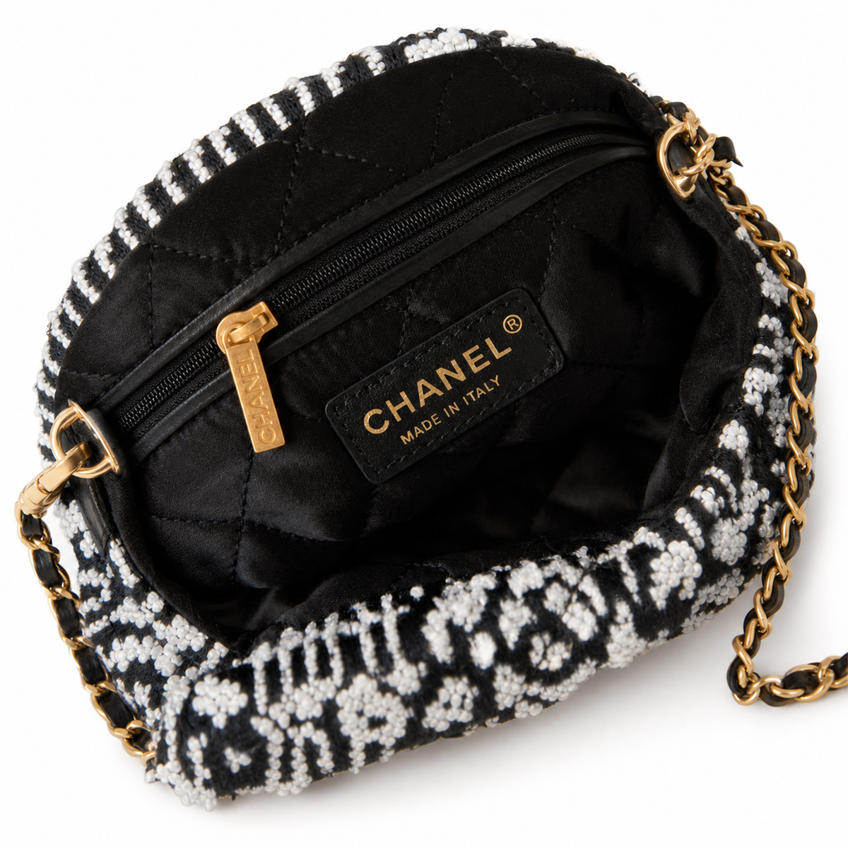 Chanel 22 Bag Large Black & White CC Jacquard Tweed | Gold Chain Handles — 42cm