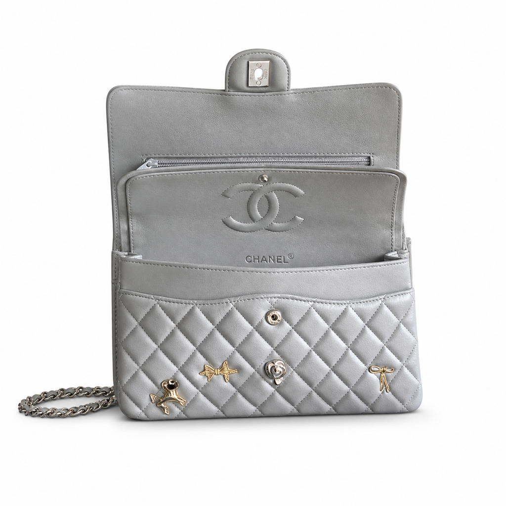 Chanel CC Quilted Double Flap Bag | Grey Lambskin & Silver — 25cm