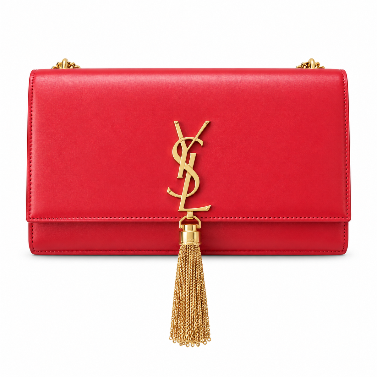 Saint Laurent YSL Kate Medium Bag in Rouge Red Smooth Calfskin Leather with Shiny Gold YSL Monogram Gold Metal Tassel Charm and Gold Curb Chain Shoulder Strap
