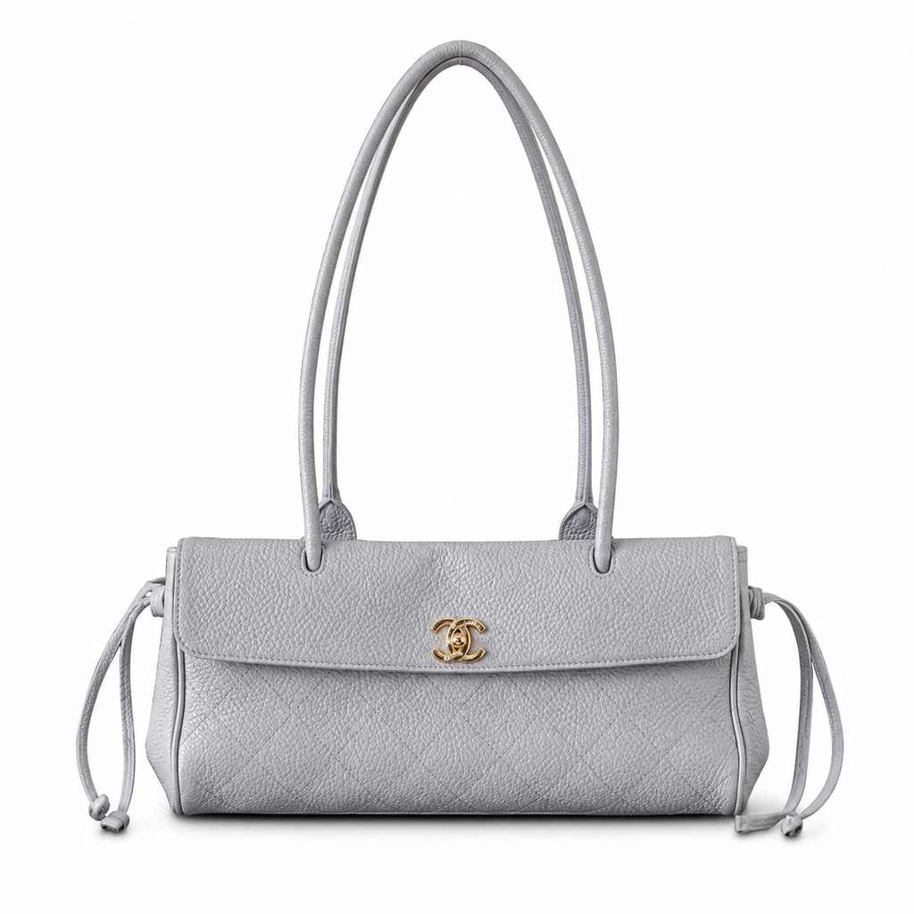 Chanel Lavender Grey Quilted Caviar Flap Tote | Dual Handles & Side Drawstring Detail