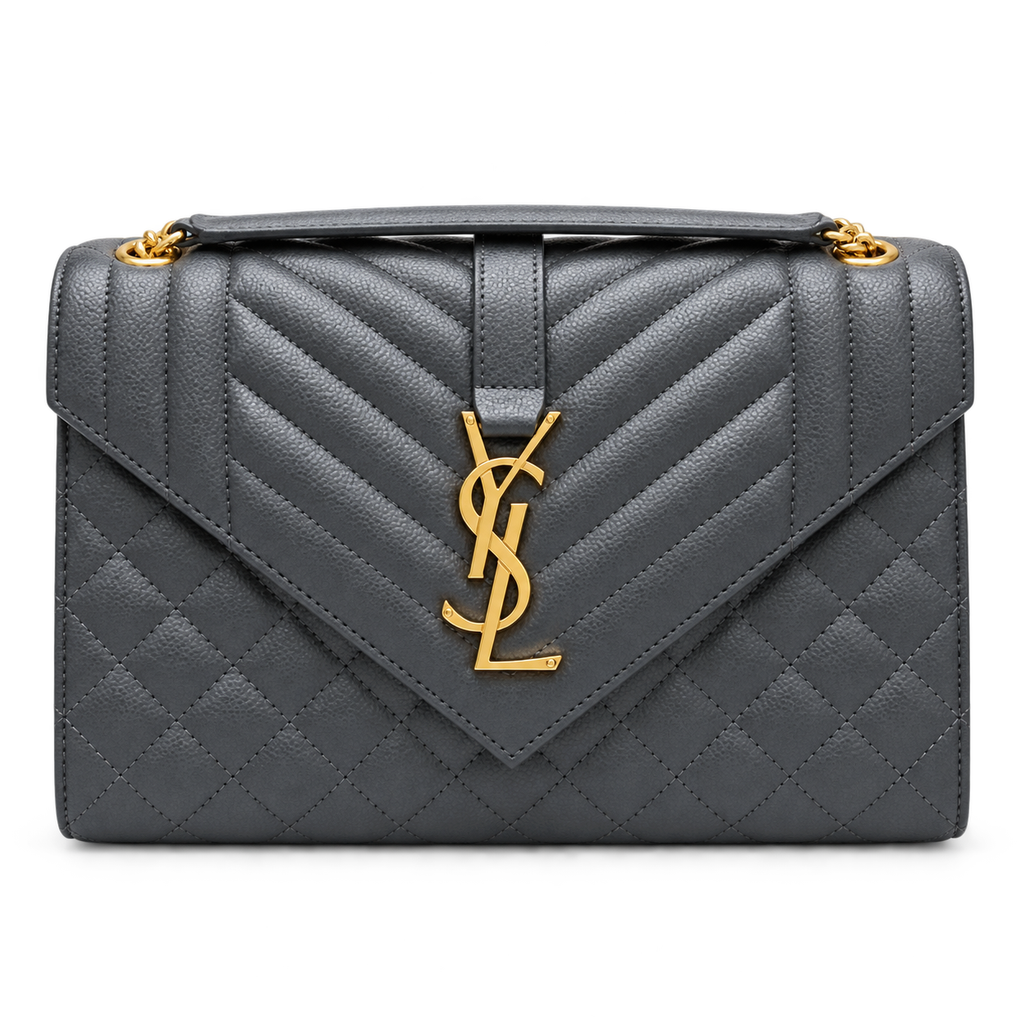 Saint Laurent YSL College Medium Bag in Storm Slate Grey Mix-Matelasse Quilted Grained Leather with Shiny Gold YSL Monogram Chevron Quilting Top Handle and Gold Curb Chain Strap