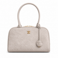 Chanel Bowling Bag Taupe Greige Diamond-Quilted Suede | Gold CC & Detachable Strap — 29cm