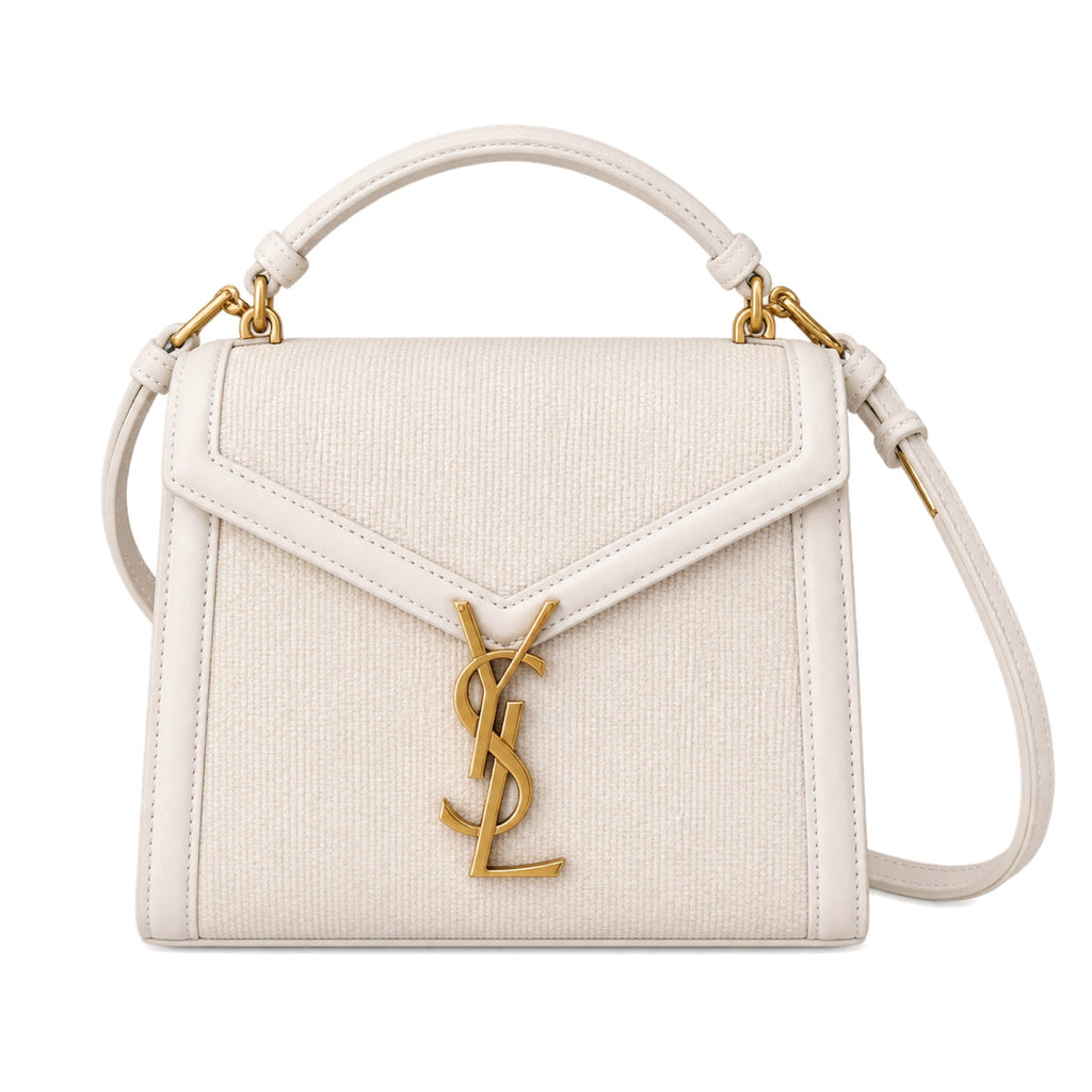 YSL Saint Laurent Cassandra Mini Top Handle Bag in ivory cream textured leather with oversized gold YSL Cassandre monogram and crossbody strap