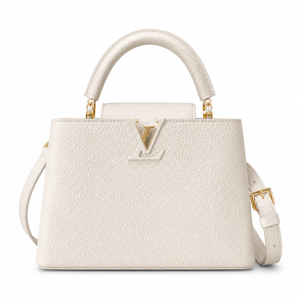 Louis Vuitton Capucines BB Cream Taurillon Leather with Gold LV Clasp and Crossbody Strap