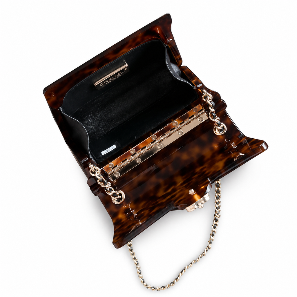 Chanel Tortoiseshell Resin Minaudière Clutch | Gold Hinge Chain Brown — 9x12cm