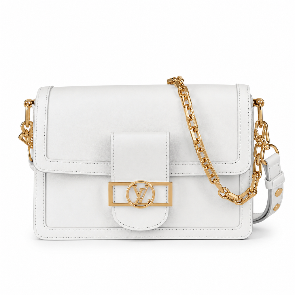Louis Vuitton Dauphine MM White Smooth Leather Bag with Gold Chain Strap - Front View