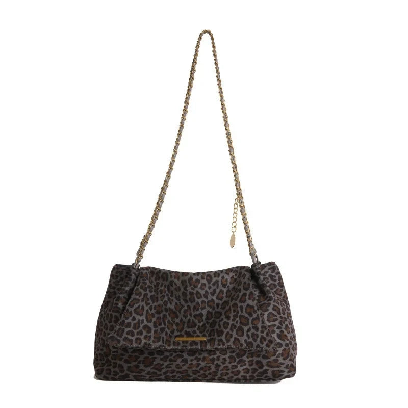 Leopard Print Suede Chain Shoulder Bag 12cm