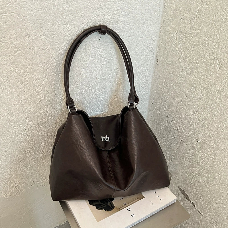 Dark Chocolate Brown Soft Faux Leather Hobo Shoulder Bag with Silver Turn-Lock Front Flap and Tassel Keychain Accent
