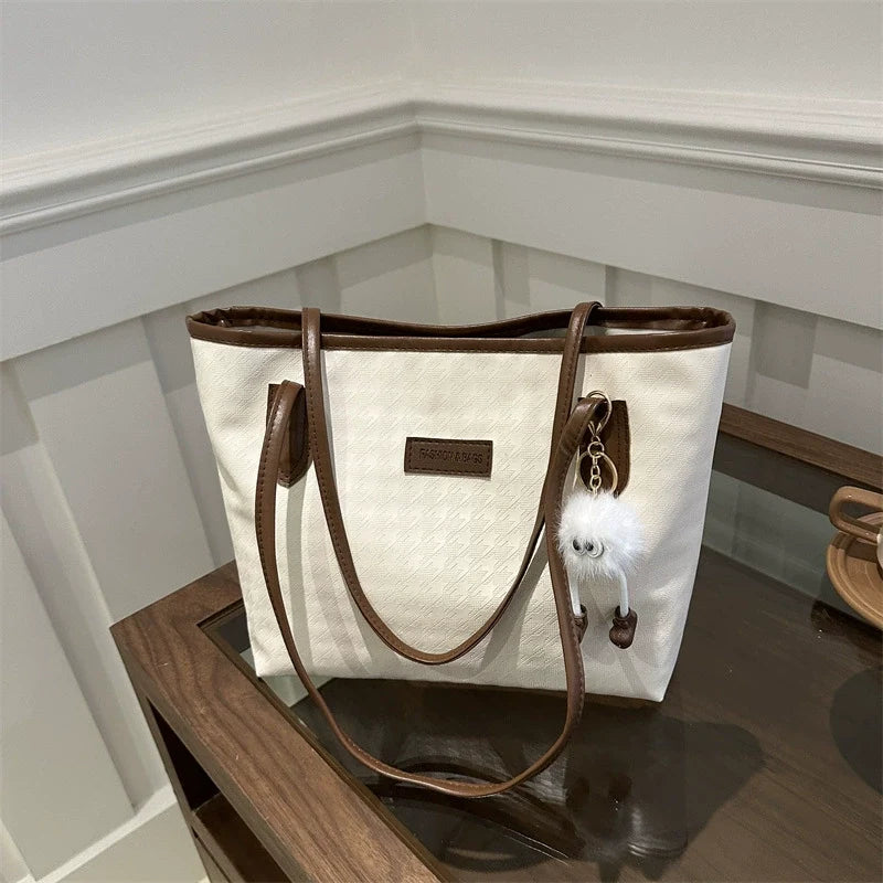 Cream Canvas Tote – Brown Leather Trim Pom Pom