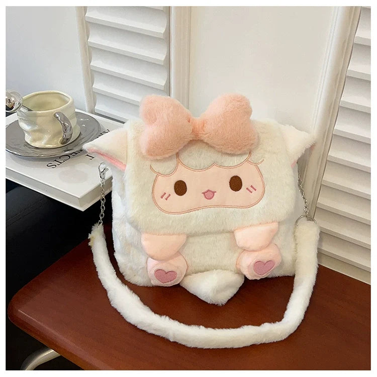 Kawaii Cream Plush Lamb Crossbody Bag with Oversized Pink Bow Embroidered Face 3D Heart Paws and Silver Chain Strap