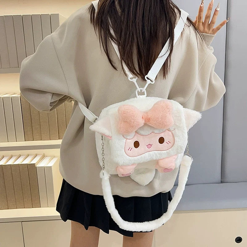 Kawaii Plush Lamb Crossbody Bag – Pink Bow Chain