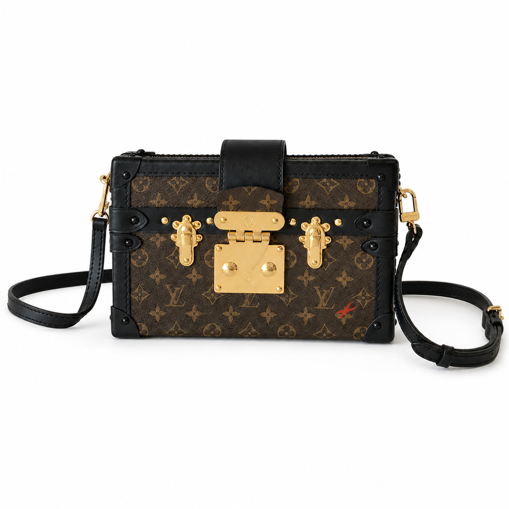 Louis Vuitton Petite Malle box bag in Monogram canvas with gold trunk hardware and black leather trim